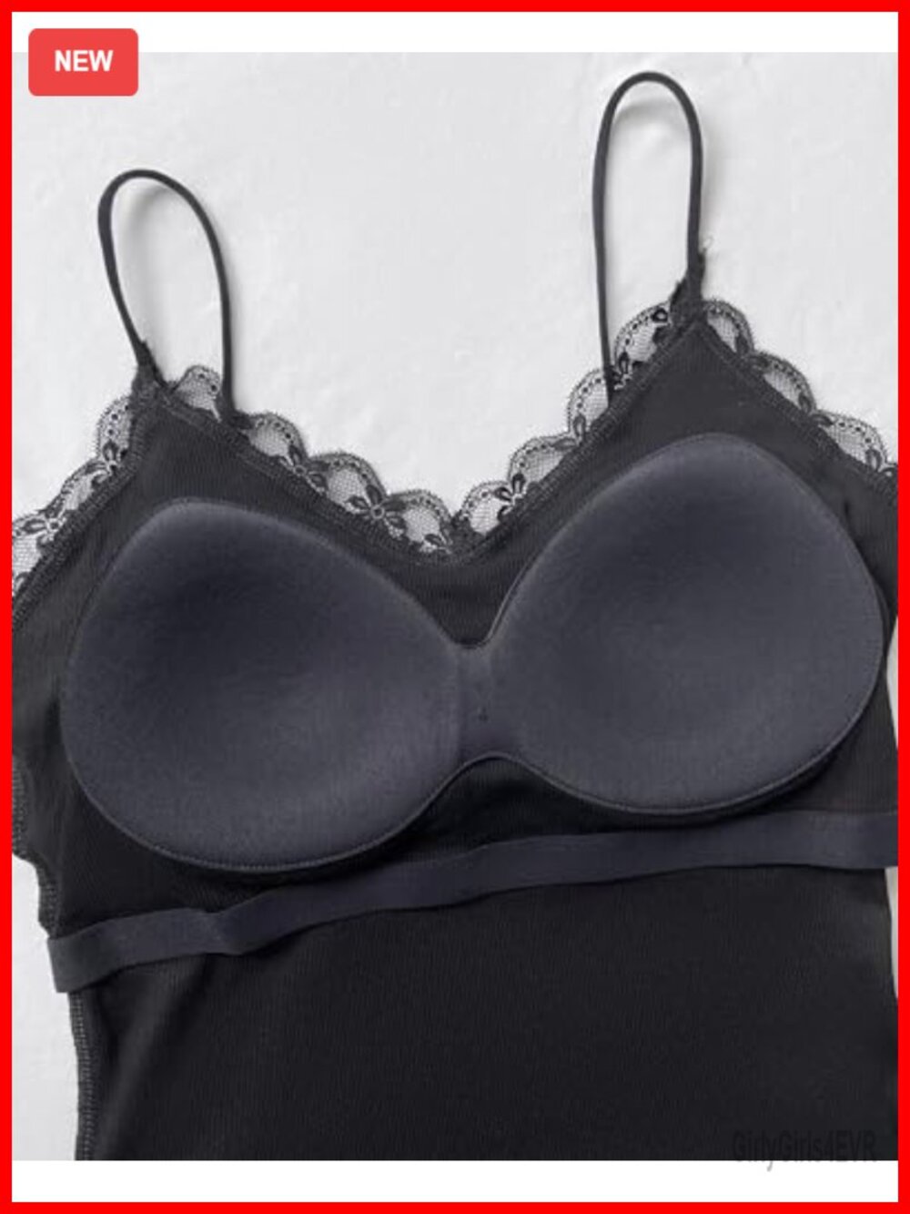 Built-in Bra Cami Tank Top Lace Trim Spaghetti Straps Slim Fit Ribbed Tops - Picture 6 of 7